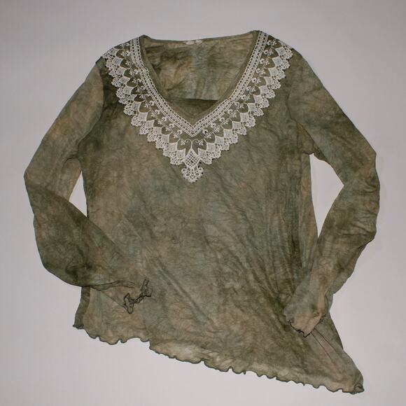 Green Semi Sheer Long Bell Sleeve Top With Lace Neckline And Sequins - Picture 1 of 3